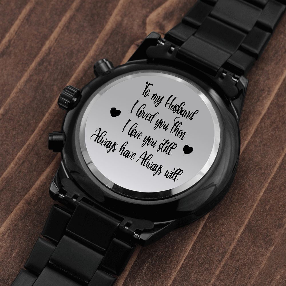 Black Chronograph Watch Gift for Husband with Engraved Love Message