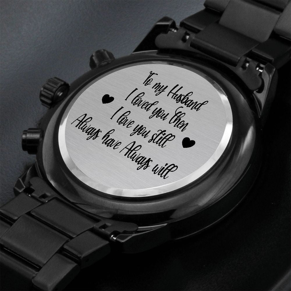 Black Chronograph Watch Gift for Husband with Engraved Love Message