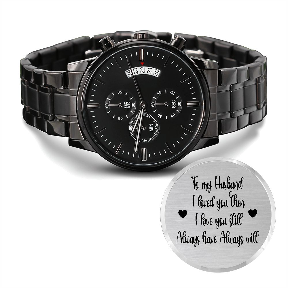 Black Chronograph Watch Gift for Husband with Engraved Love Message