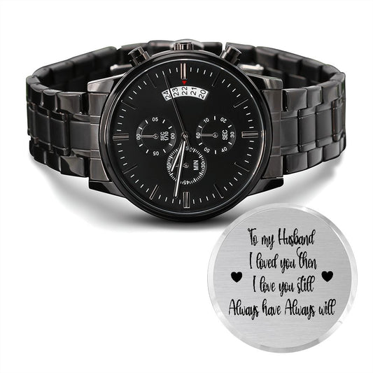 Black Chronograph Watch Gift for Husband with Engraved Love Message