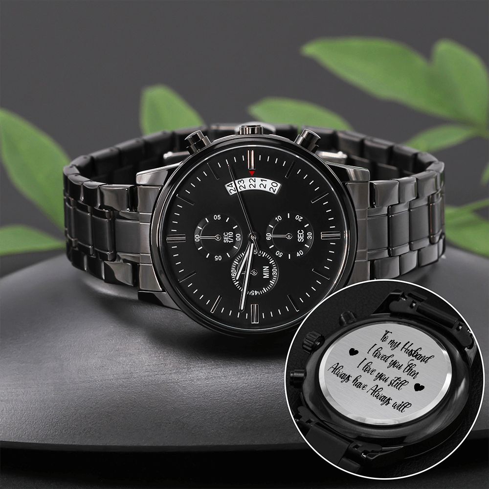 Black Chronograph Watch Gift for Husband with Engraved Love Message