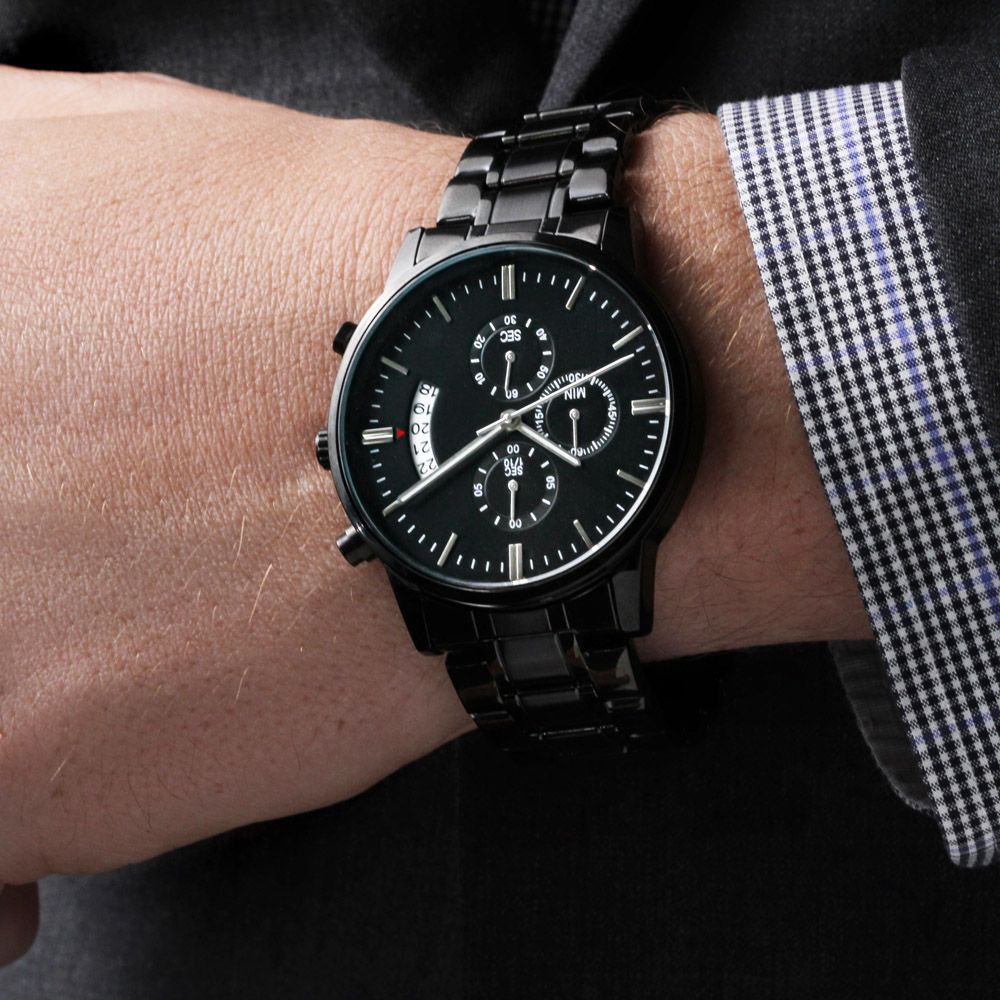Customizable Engraved Black Chronograph Watch with your personal message