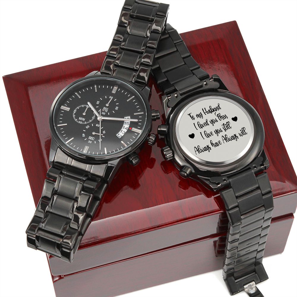 Black Chronograph Watch Gift for Husband with Engraved Love Message