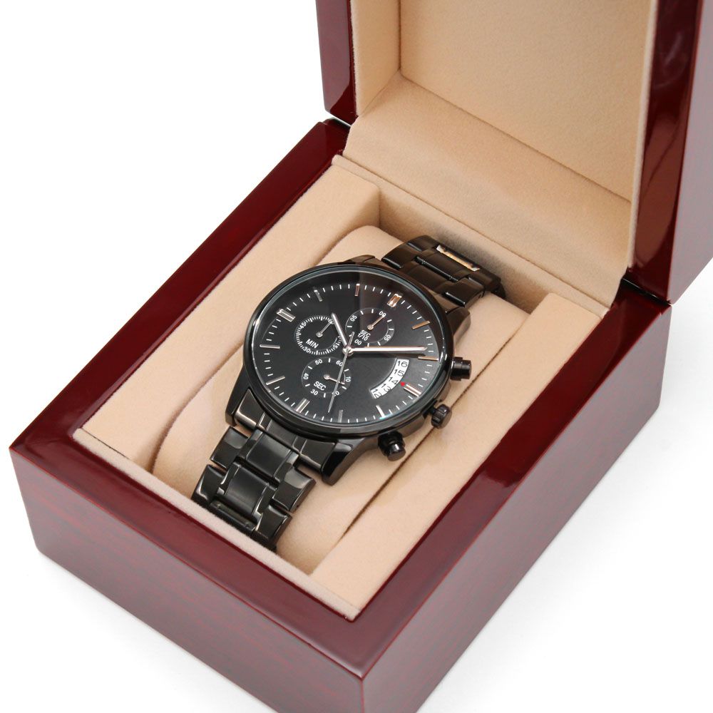 Black Chronograph Watch Gift for Husband with Engraved Love Message
