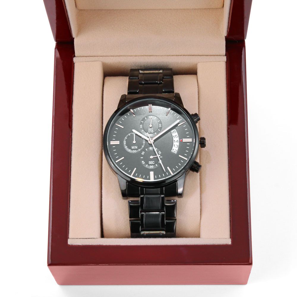 Black Chronograph Watch Gift for Husband with Engraved Love Message