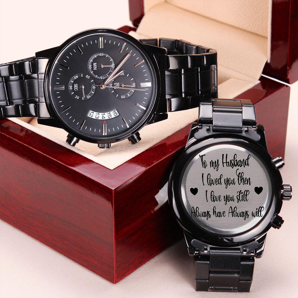 Black Chronograph Watch Gift for Husband with Engraved Love Message