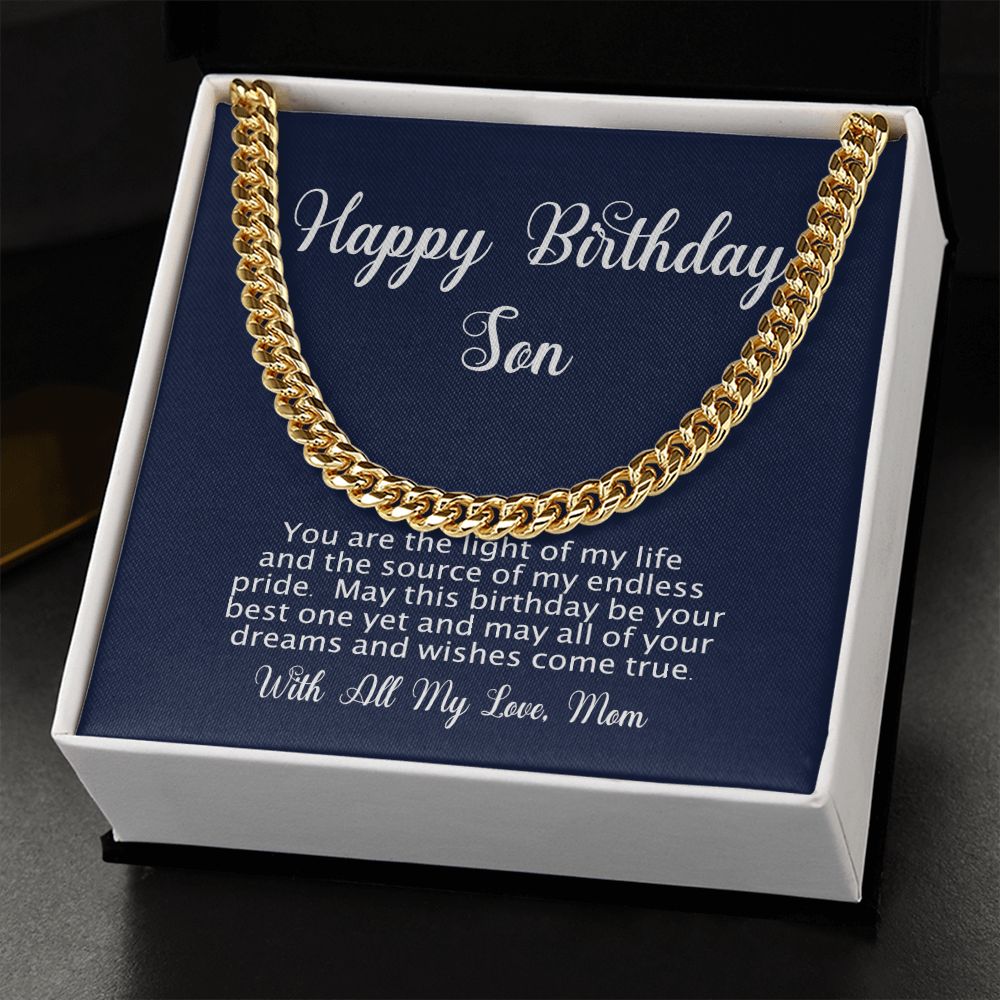 Happy Birthday Gift for Son From Mom - Cuban Link Chain - Polished Stainless or Gold Finish
