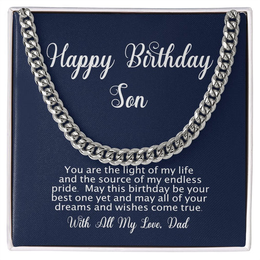 Happy Birthday Gift for Son From Dad - Cuban Link Chain - Polished Stainless or Gold Finish
