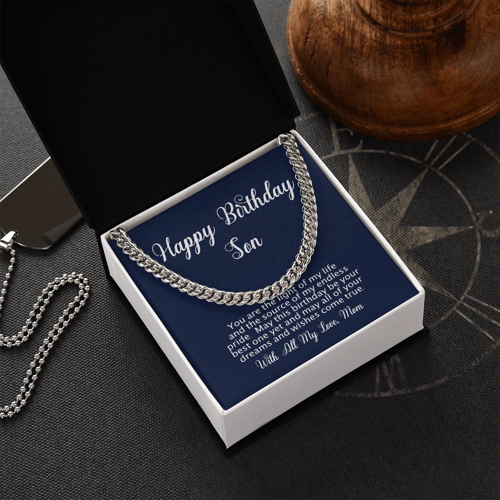 Happy Birthday Gift for Son From Mom - Cuban Link Chain - Polished Stainless or Gold Finish