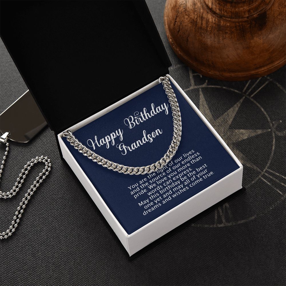 Happy Birthday Gift for Grandson - Cuban Link Chain - Polished Stainless or Gold Finish