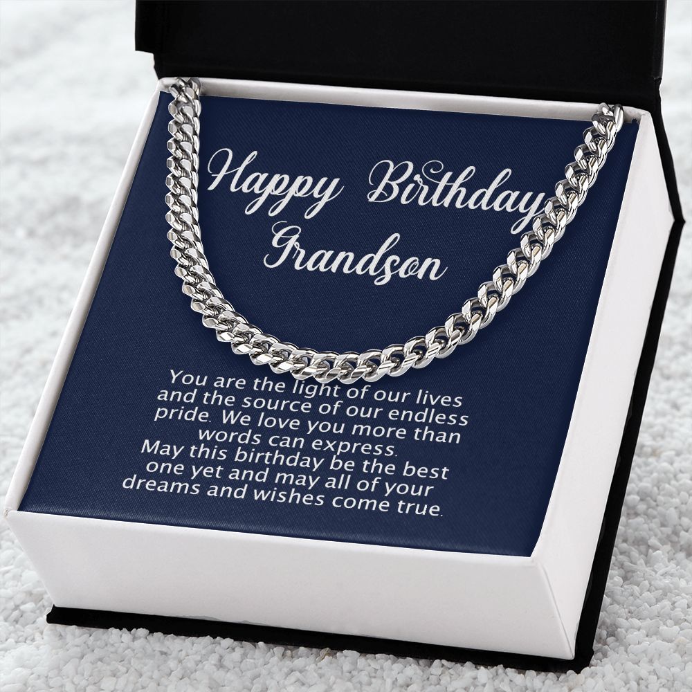 Happy Birthday Gift for Grandson - Cuban Link Chain - Polished Stainless or Gold Finish