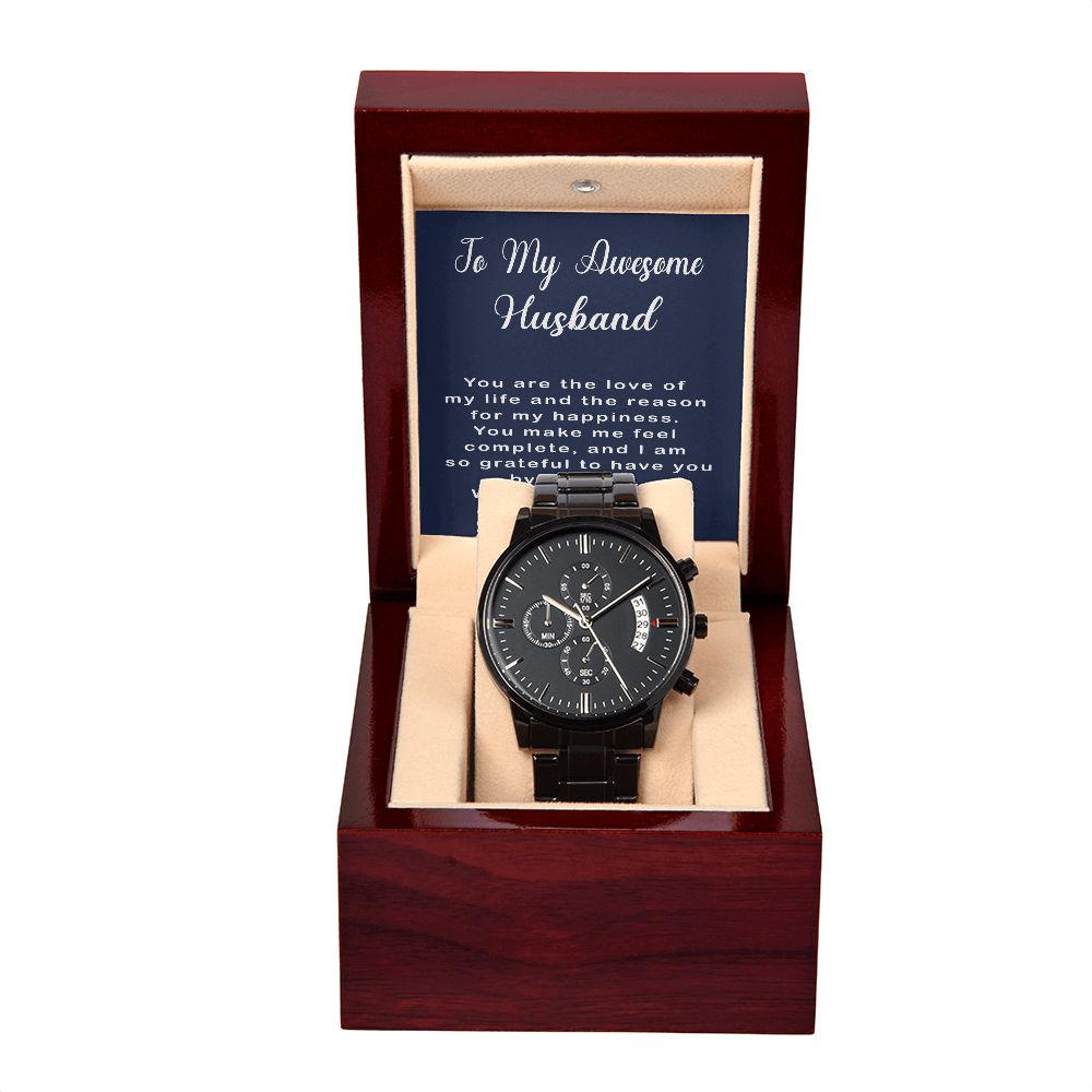 Black Chronograph Watch with Message Card - Gift for Husband