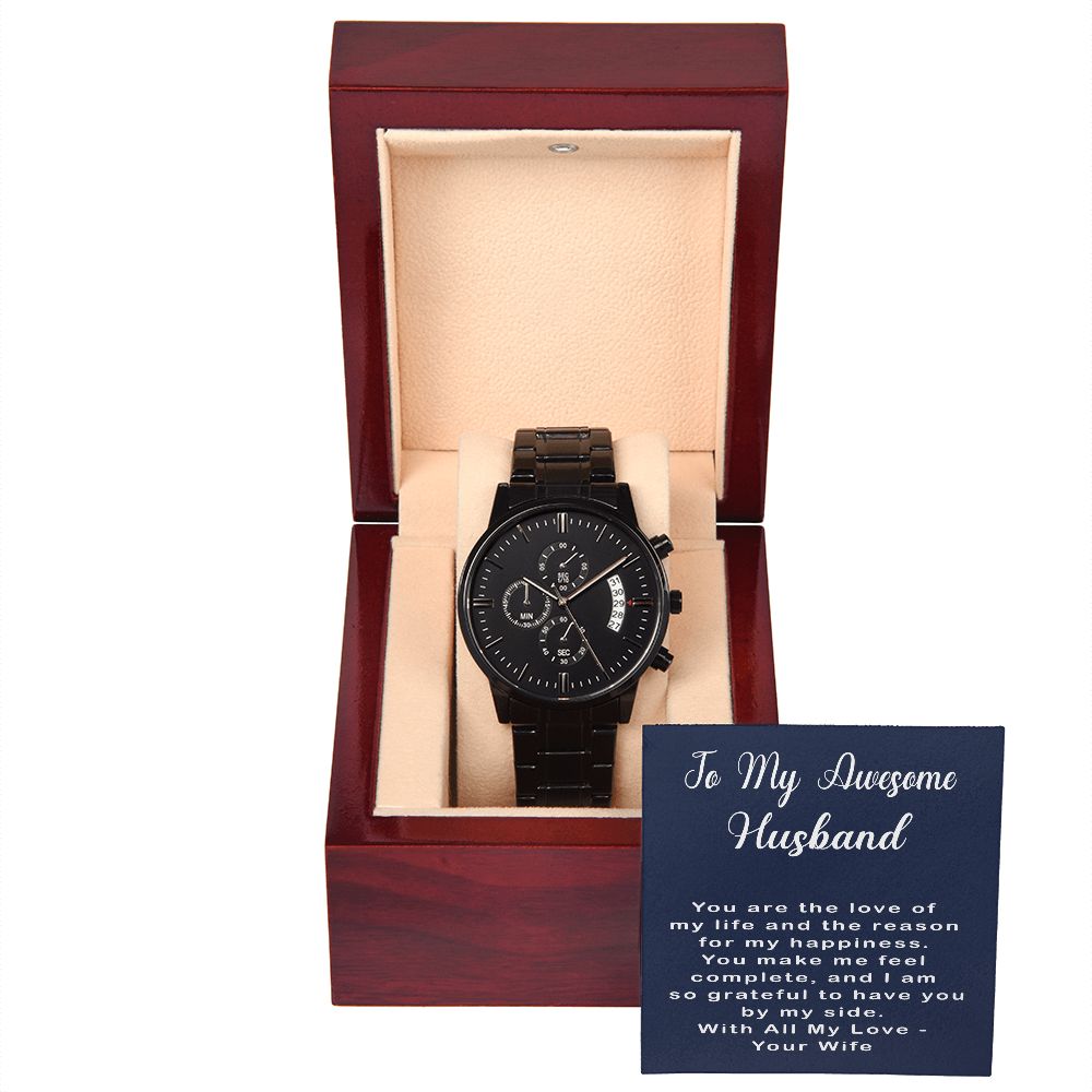Black Chronograph Watch with Message Card - Gift for Husband