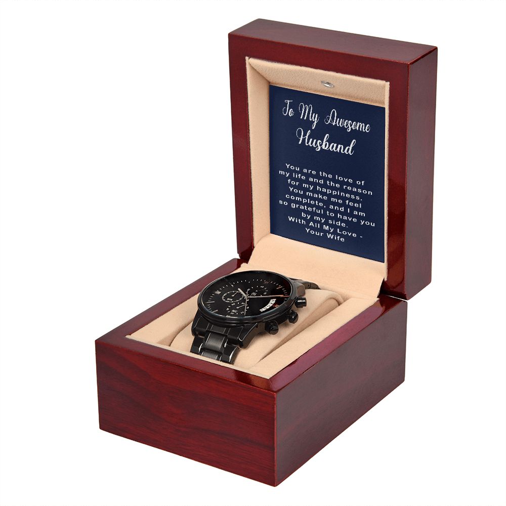 Black Chronograph Watch with Message Card - Gift for Husband
