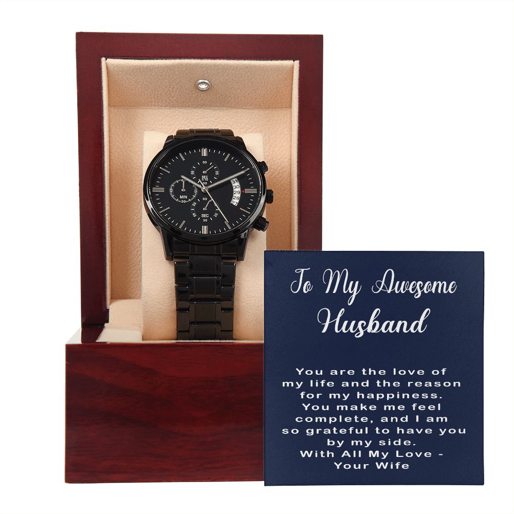 Black Chronograph Watch with Message Card - Gift for Husband